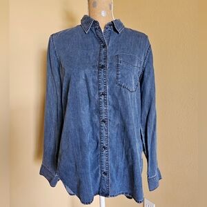 Athleta Long Denim 100% Lyocell Button Up Shirt Small Blue